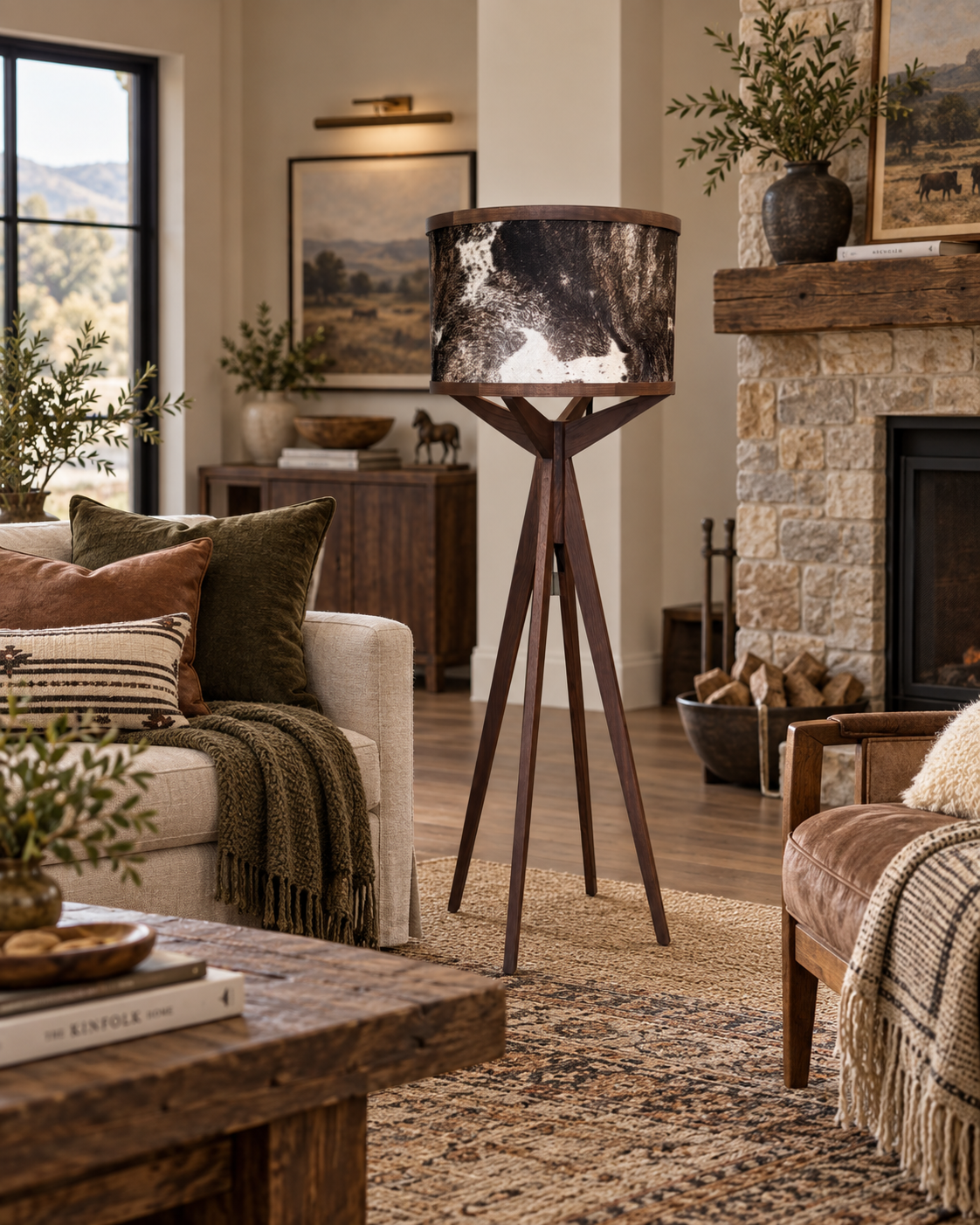 Longhorn Floor Lamp with Cool Brown & Black Brindle Cowhide Shade