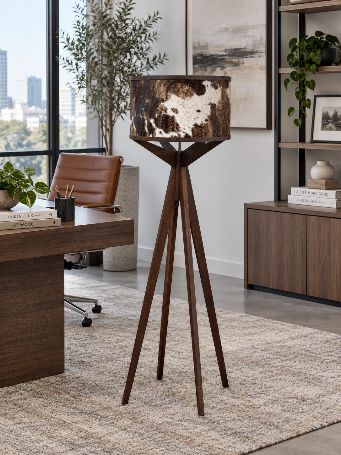 Longhorn Floor Lamp with Chocolate Brown & Black Brindle Cowhide Shade