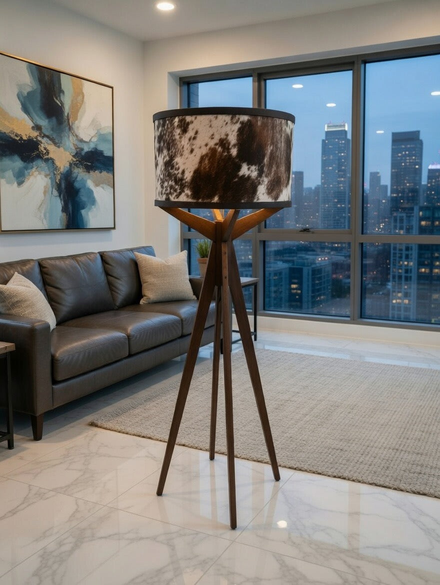 Longhorn Floor Lamp with Dark Multi-Colour Cowhide Shade